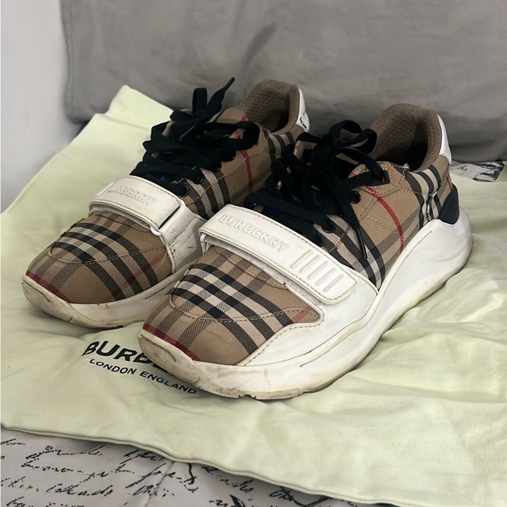 Burberry Beige Check Sneakers with Black Accents